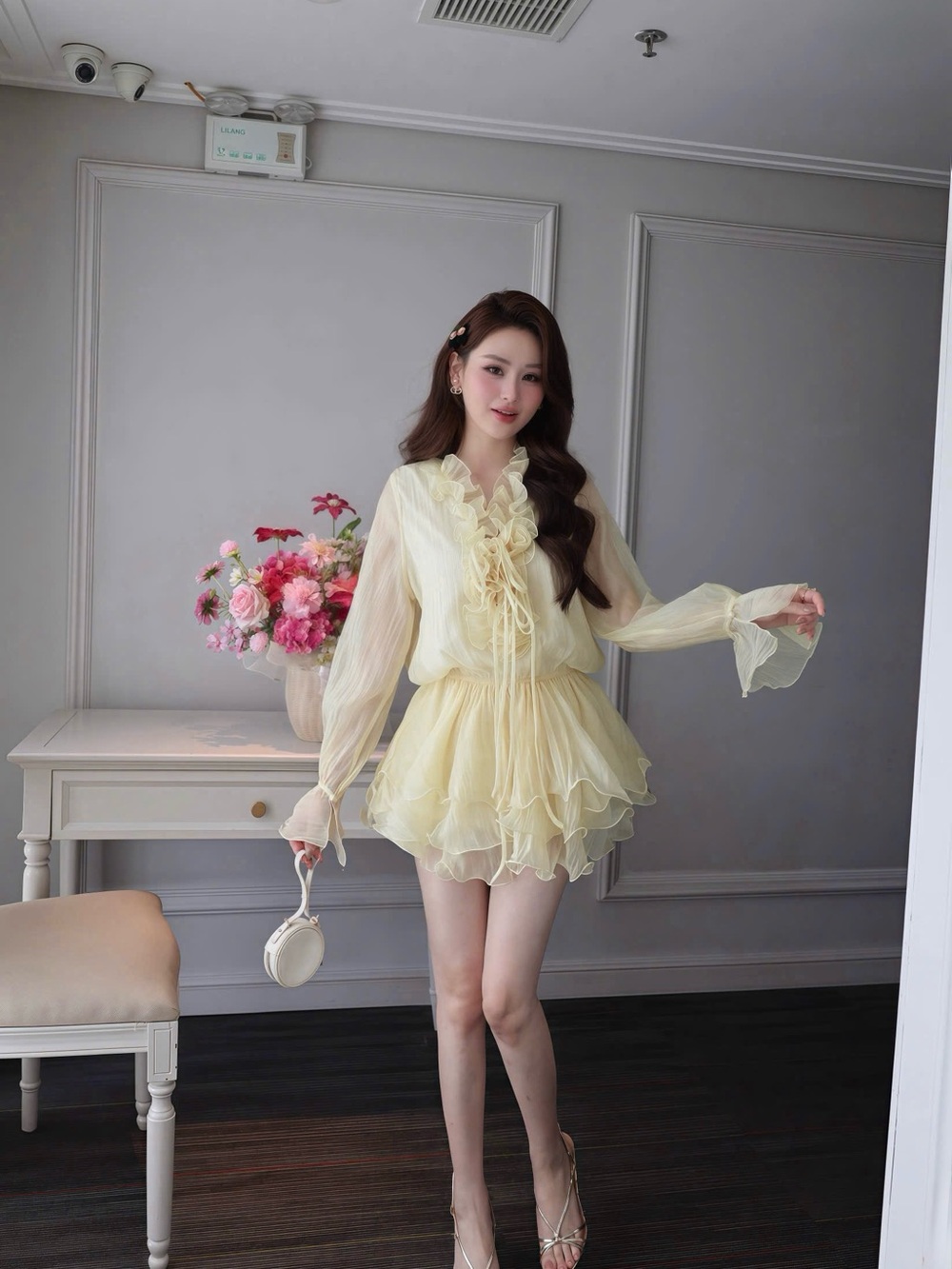 Sheer Ruffle-Trim Yellow Mini Dress